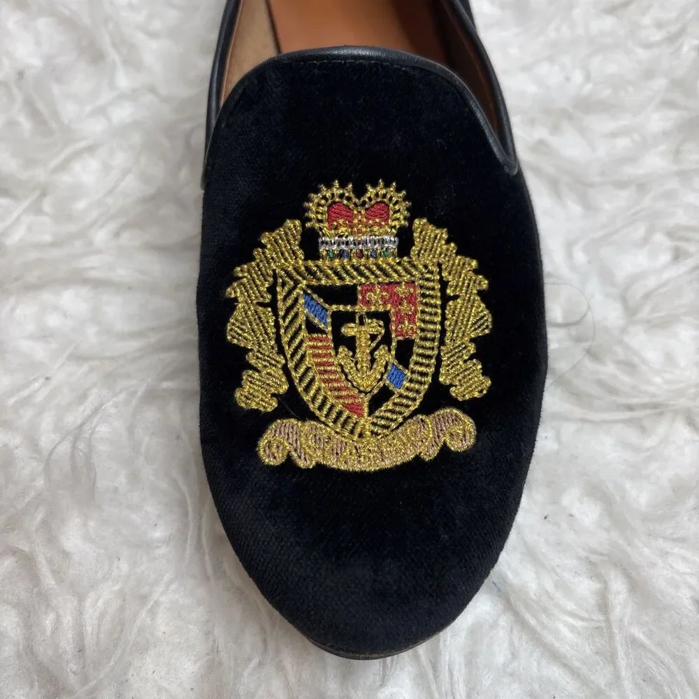 Jon Josef Black Velvet Gatsby Shield Emblem Leather Loafers Flats Shoes Size 7.5 - Picture 5 of 16